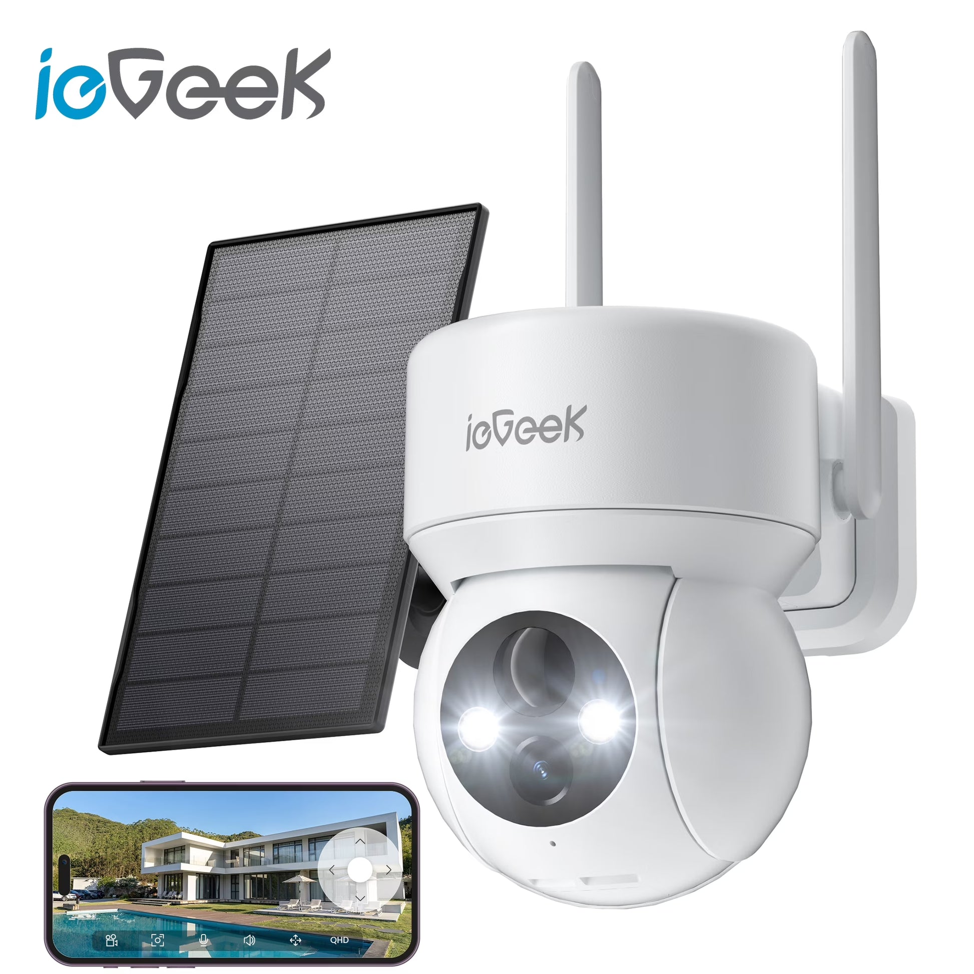 Security Cameras Wireless Outdoor, Wifi, 2K 360 View PTZ, Solar Powered Home Surveillance Camera, Color Night Vision, Motion Sensor