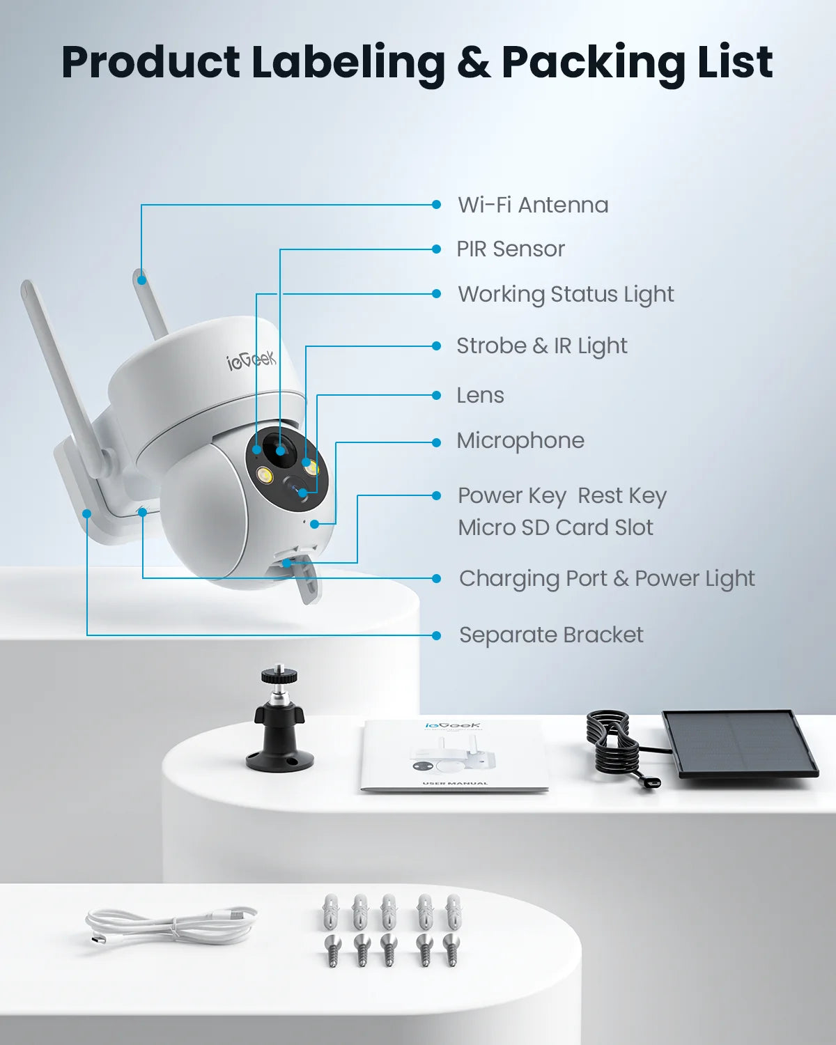 Security Cameras Wireless Outdoor, Wifi, 2K 360 View PTZ, Solar Powered Home Surveillance Camera, Color Night Vision, Motion Sensor