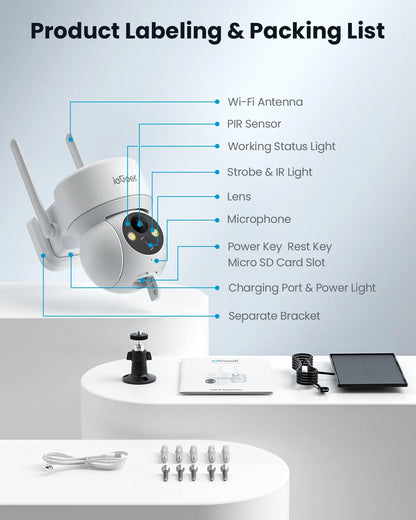 Security Cameras Wireless Outdoor, Wifi, 2K 360 View PTZ, Solar Powered Home Surveillance Camera, Color Night Vision, Motion Sensor