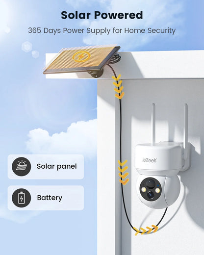 Security Cameras Wireless Outdoor, Wifi, 2K 360 View PTZ, Solar Powered Home Surveillance Camera, Color Night Vision, Motion Sensor
