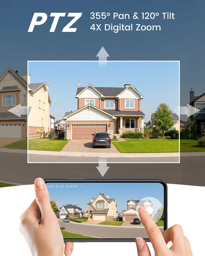 Security Cameras Wireless Outdoor, Wifi, 2K 360 View PTZ, Solar Powered Home Surveillance Camera, Color Night Vision, Motion Sensor