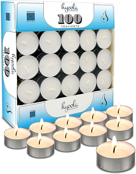Tea Lights Candles - 100 Bulk Candles Pack - Natural Palm Oil Tea Light - European Quality White Unscented Tealight Candles - 4 Hour Burn Time