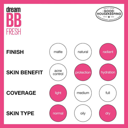 Maybelline Dream Fresh Skin Hydrating BB Cream, 8-In-1 Skin Perfecting Beauty Balm with Broad Spectrum SPF 30, Sheer Tint Coverage, Oil-Free, Light/Medium, 1 Fl Oz